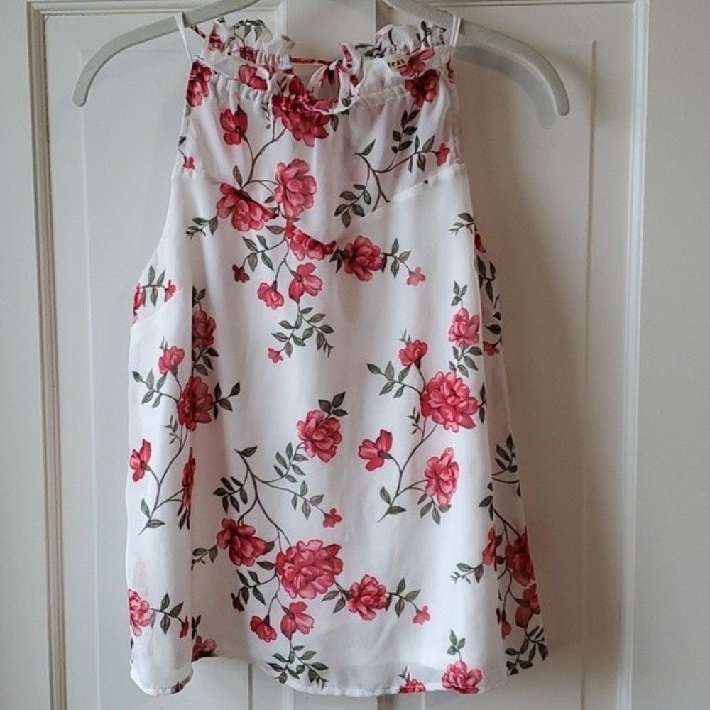 MONTEAU WHITE RED ROSE RUFFLE HALTER SHEER FLOWY SIZE MEDIUM COQUETTE ROMANTIC